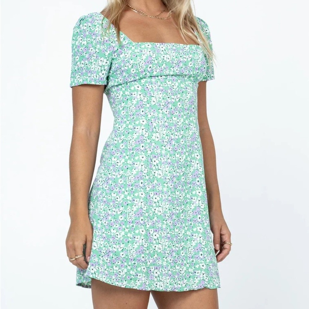 Princess Polly Floral Puff Sleeve Mini Dress Green Cottagecore Size 4